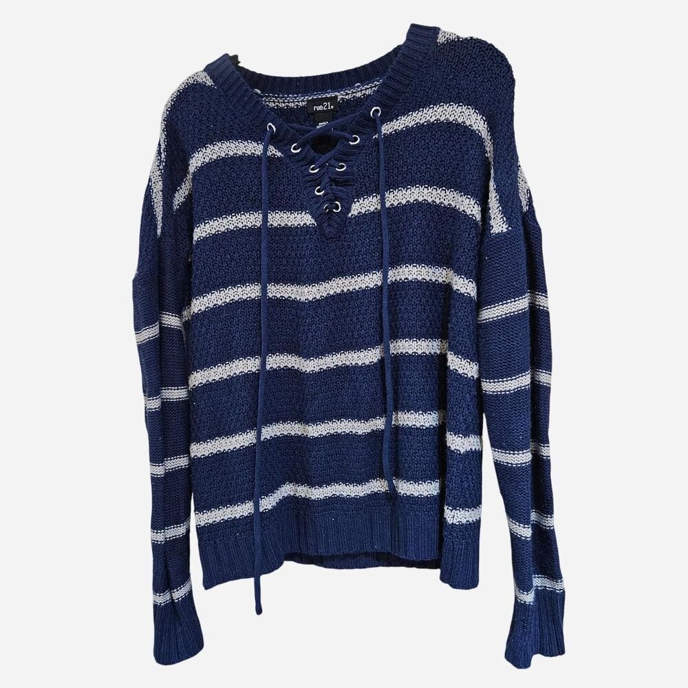 grunge indie navy gray striped lace up sweater